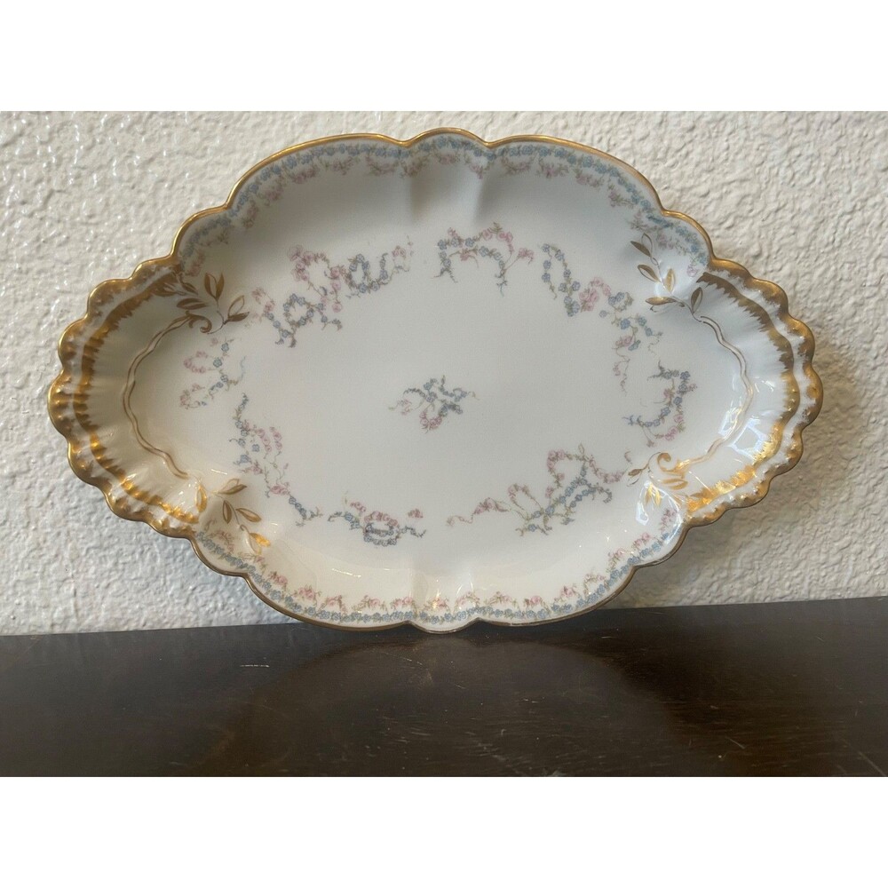 Antique Haviland & Co Limoges France Porcelain Serving Bowl Tray Pink Blue Flora